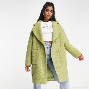 The Frolic faux shearling pea coat in sage green